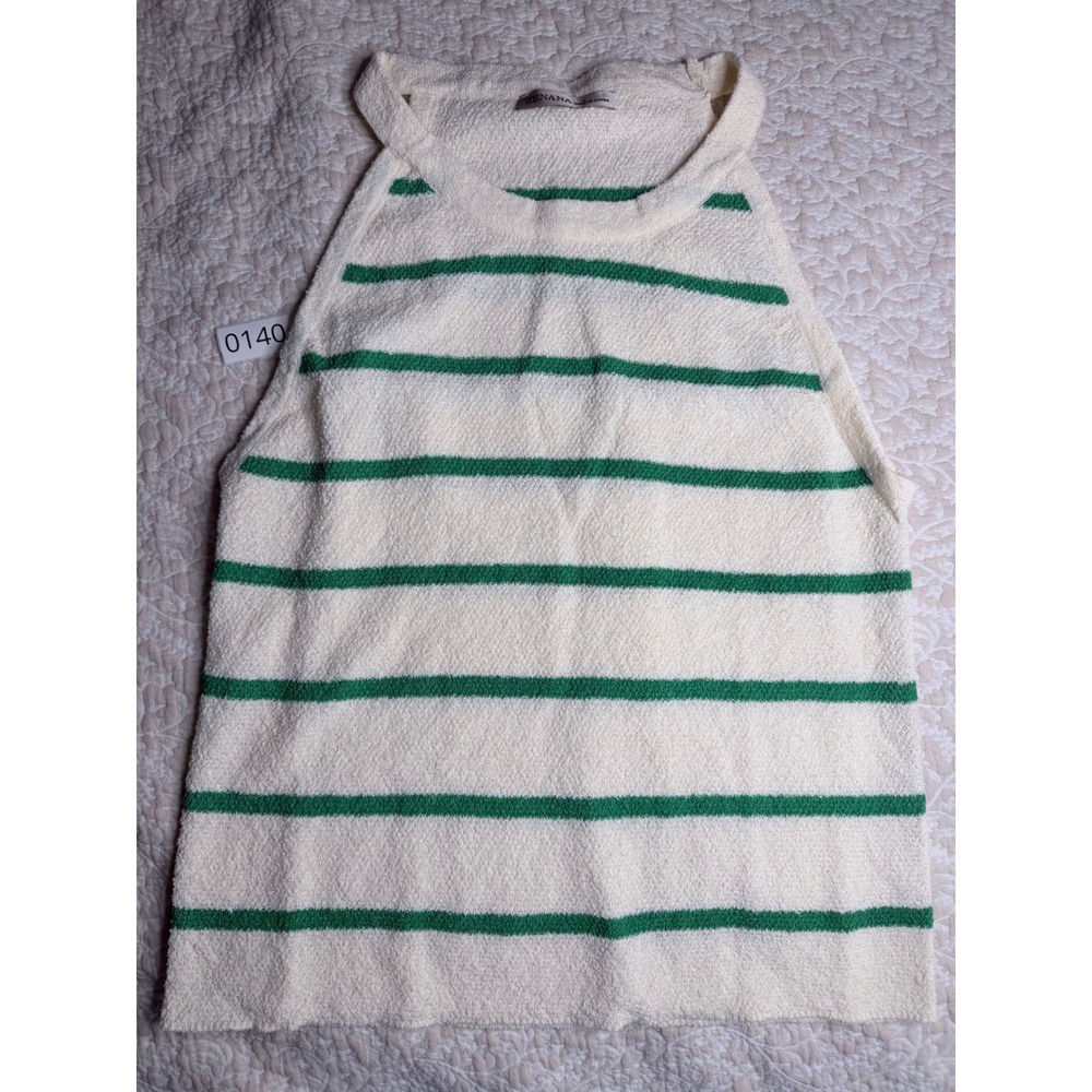 Zenana Women Green Cream Striped Halter Neck Popcorn Knit Tank Top Size L